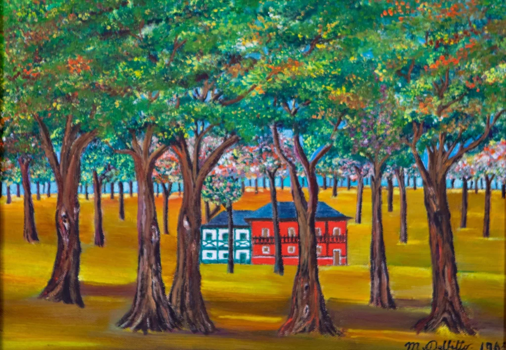 "Casette nel bosco", 1965 - olio su tela - cm 25x35