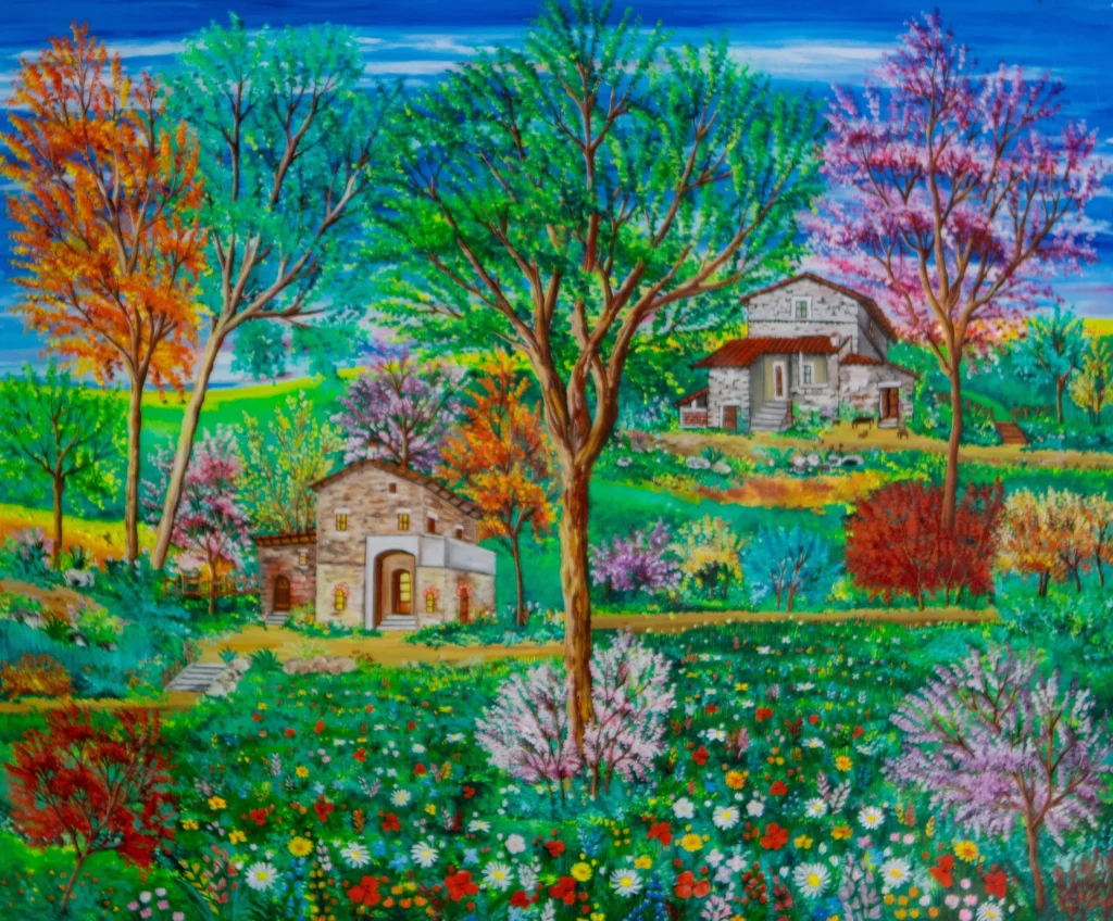 "Campagna lussureggiante", 1973 - olio "a rovescio" su vetro - cm 50x60