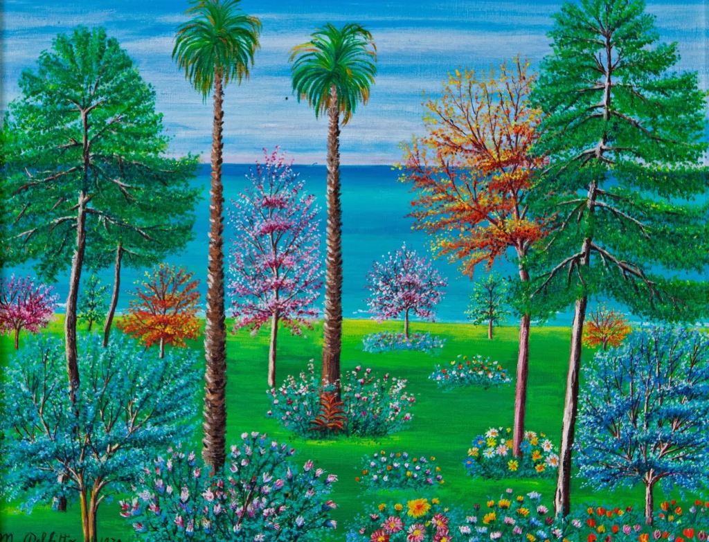 "Giardino sul mare", 1970 (?) - olio su tela - cm 35x45