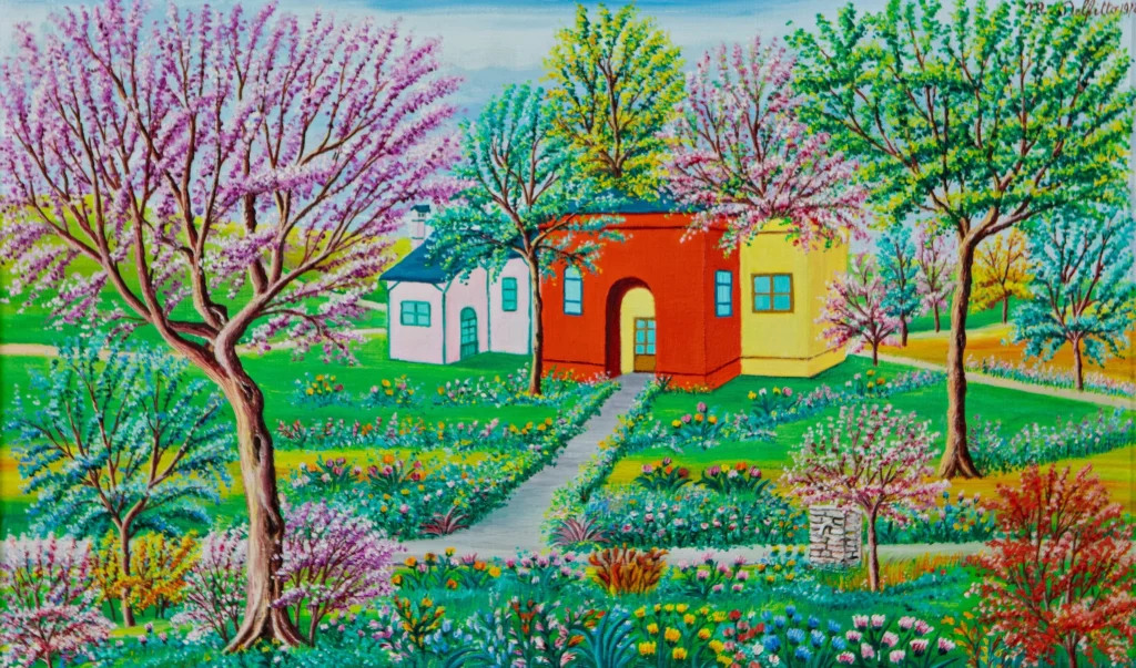 "Casette nel giardino", 1972 - olio su tela - cm 30x50
