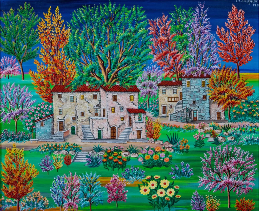 "Casette rurali", 1974 - olio su tela - cm 50x60